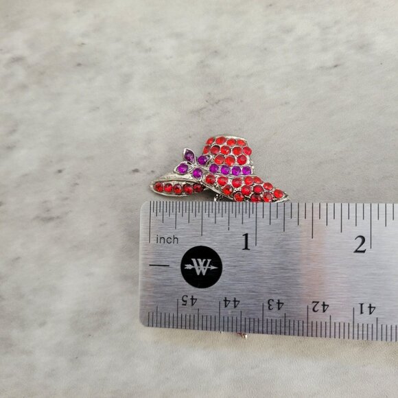 Vintage Red Hat Purple Bow Rhinestone Brooch Silver Tone Floral Dangle Pin Jewel - Picture 4 of 7